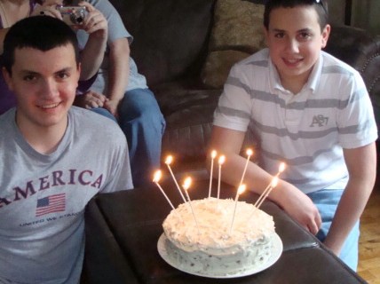Stephen's 16th and Matthew's 14th birthday cake. It is a homemade carrot cake with a cream cheese nut frosting. I baked and decorated it.